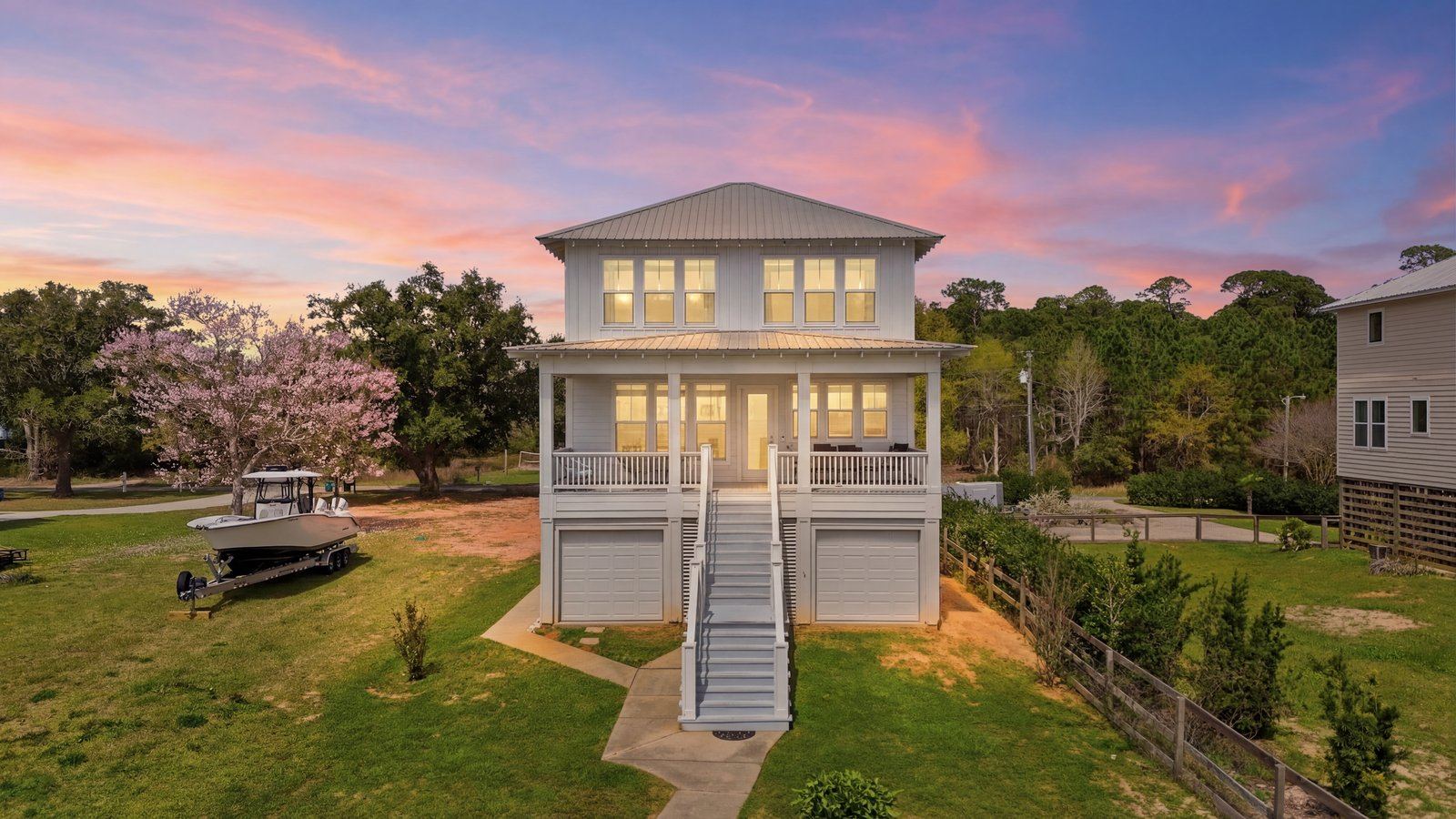 Bay Area, Coastal raised home · dusk